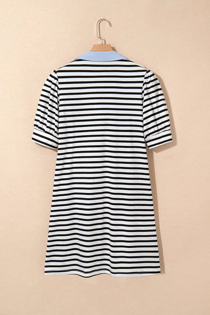 Black Stripe Contrast V Neck Collared Puff Sleeve T Shirt Mini Dress with Pockets - Love Salve